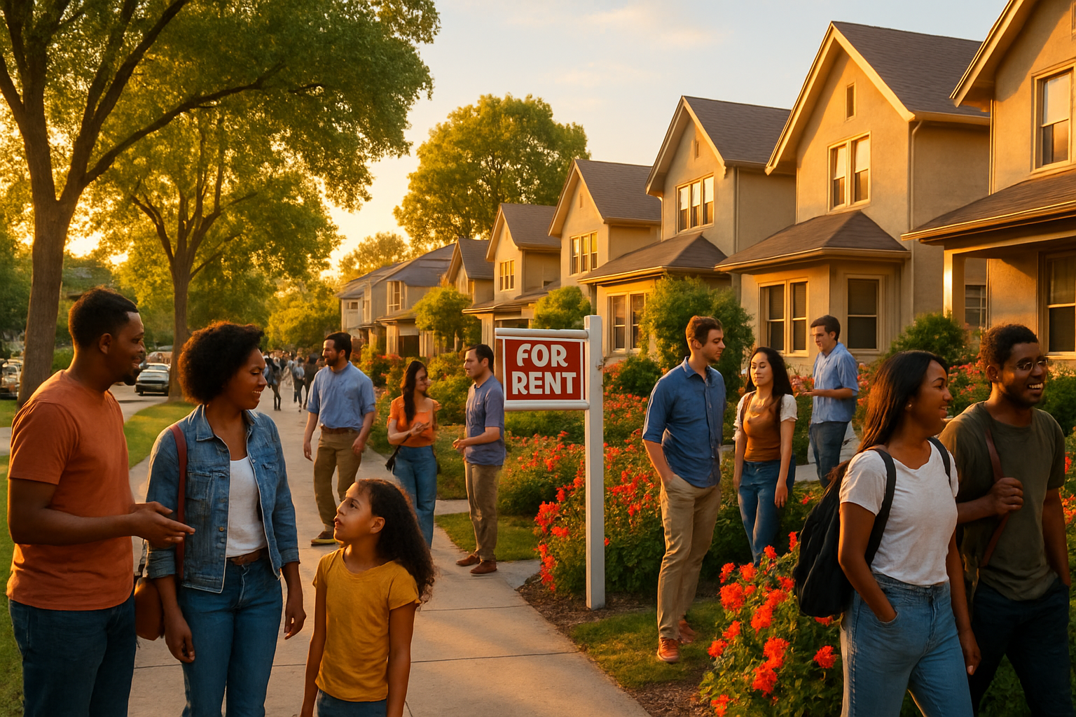 In a sundrenched Sacramento neighborhood a bustling scene unfolds where diverse groups of people explore charming rental properties Lush green trees line the streets while vibrant flowers bloom in front yards The golden hour casts a warm glow enhanci