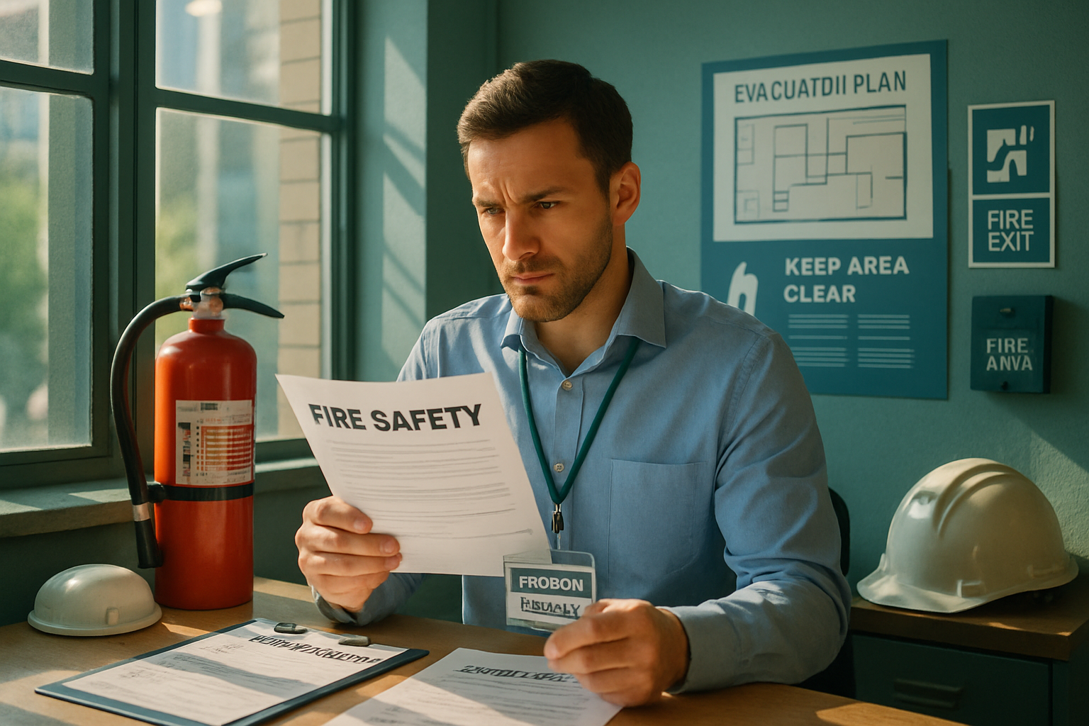photographic In a bustling office setting a dedicated property manager examines fire safety compliance documents surrounded by safety posters and insp-1