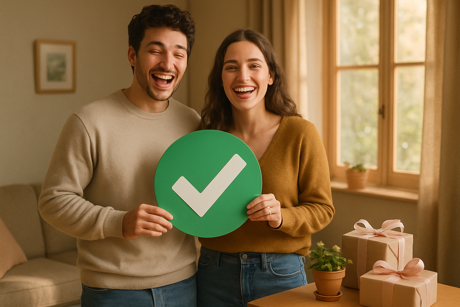 photographic In a cozy warmly lit room a joyful young couple stands together beaming with excitement as they hold a large green tick mark symbolizing