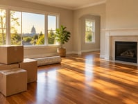 A sunny living room on move-in day with moving boxes