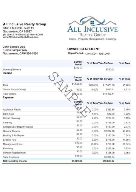 Sample owner statement page