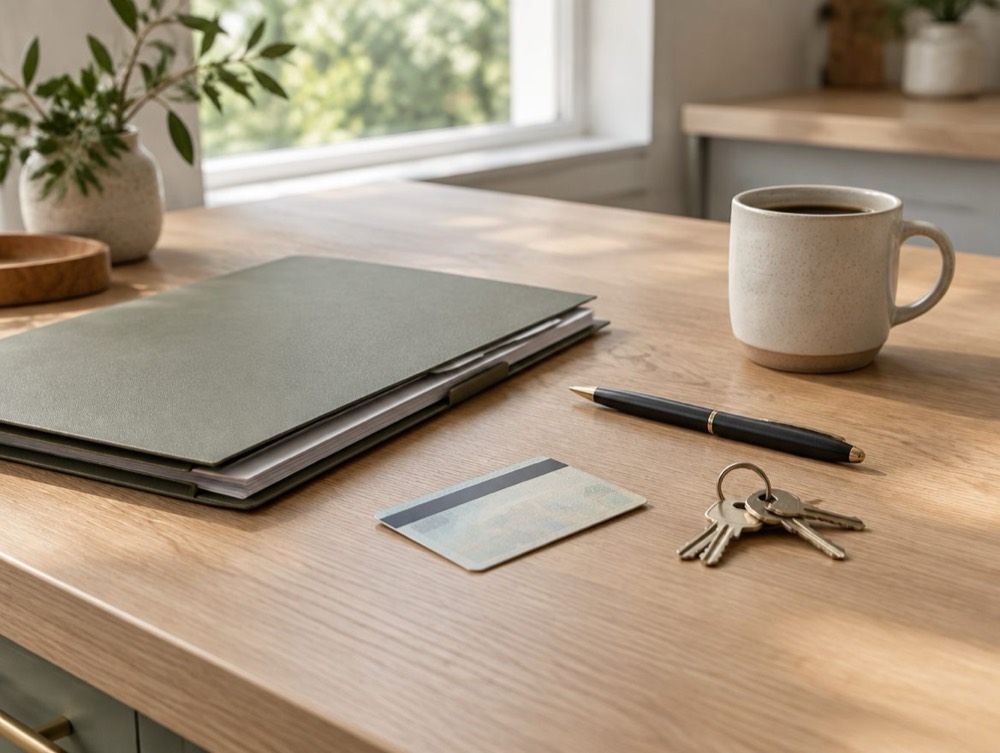 A folder, ID, pen and house keys on a kitchen counter