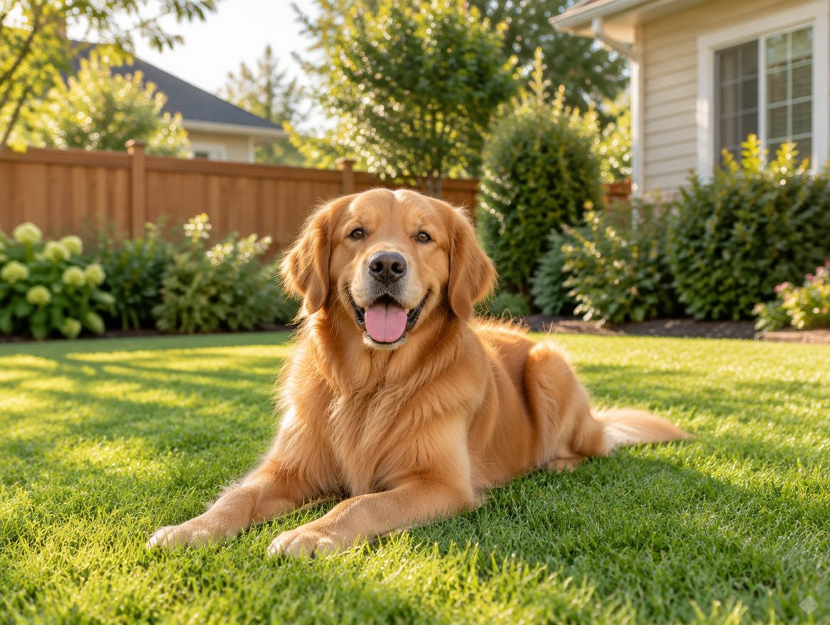 A golden retriever relaxing on a sunny lawn