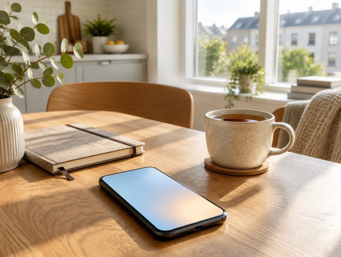 A phone on a kitchen table beside a cup of tea