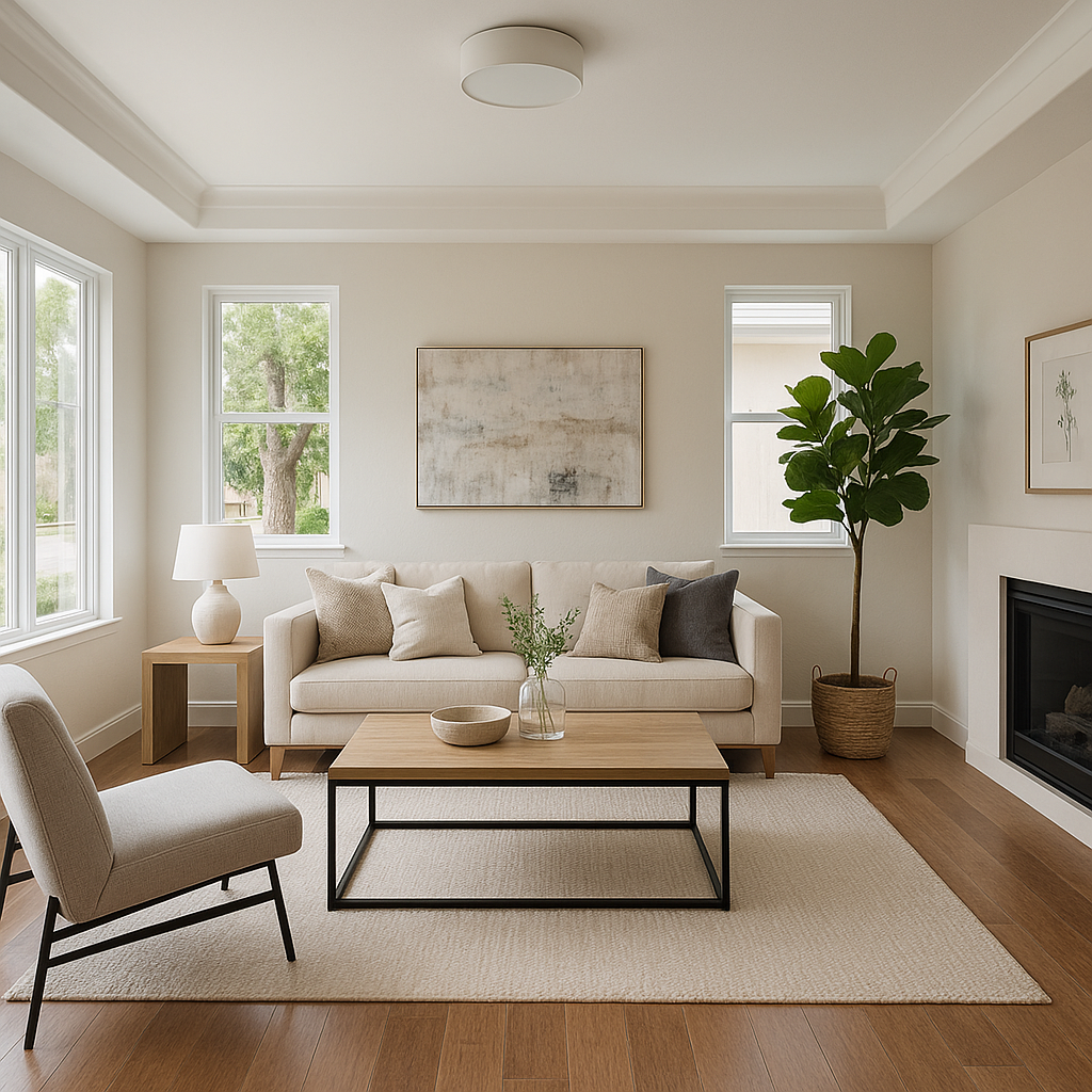 A beautifully staged, modern living room in a Sacr