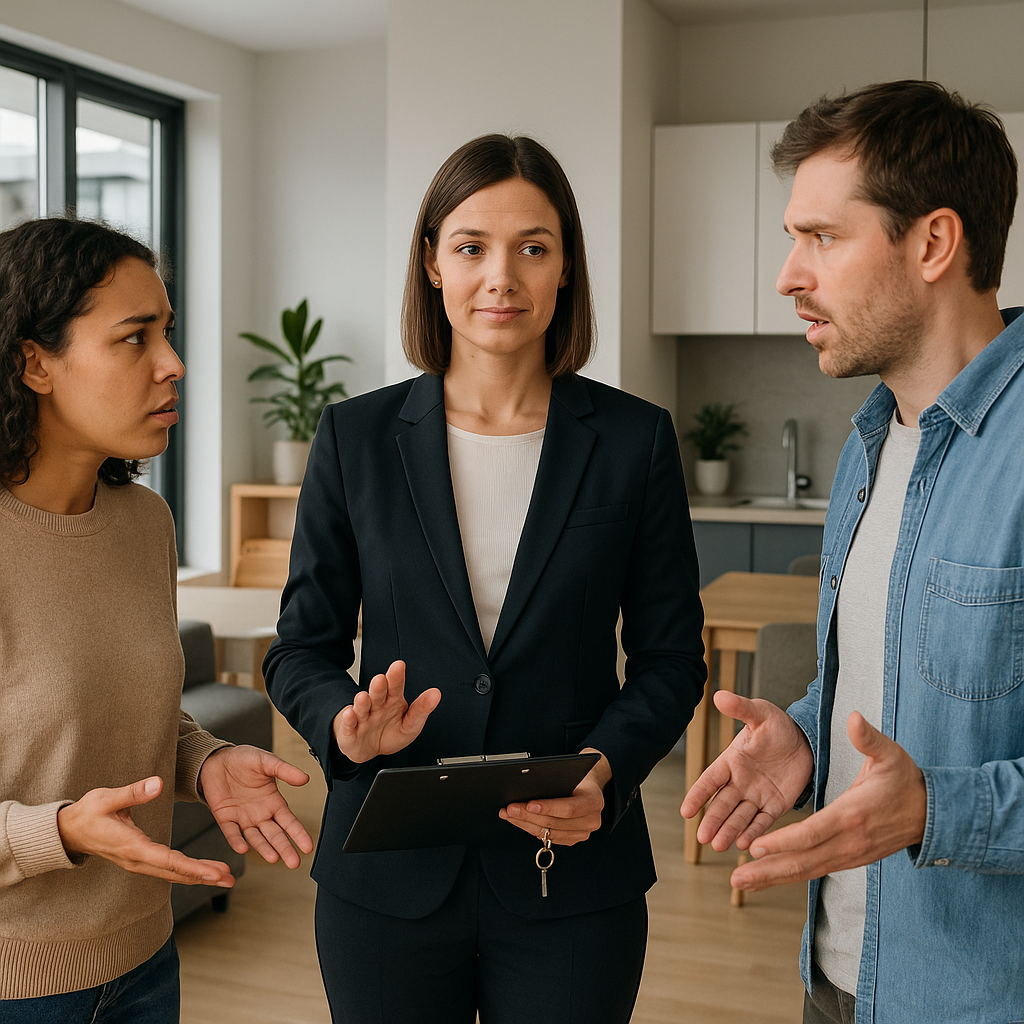 A calm and professional property manager mediating