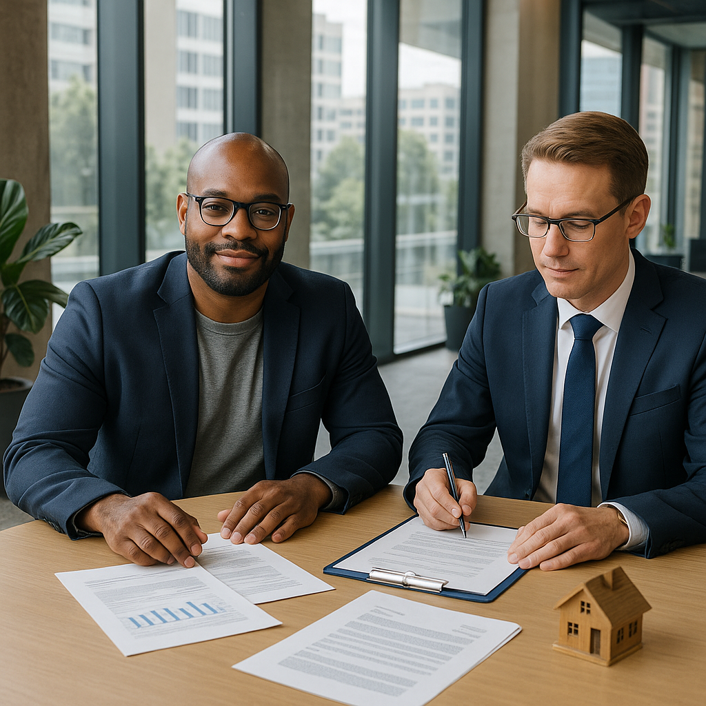 A confident property investor sitting at a negotia