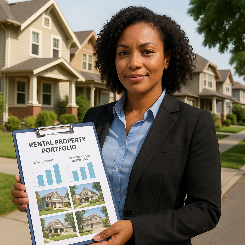 A confident property manager reviewing a portfolio