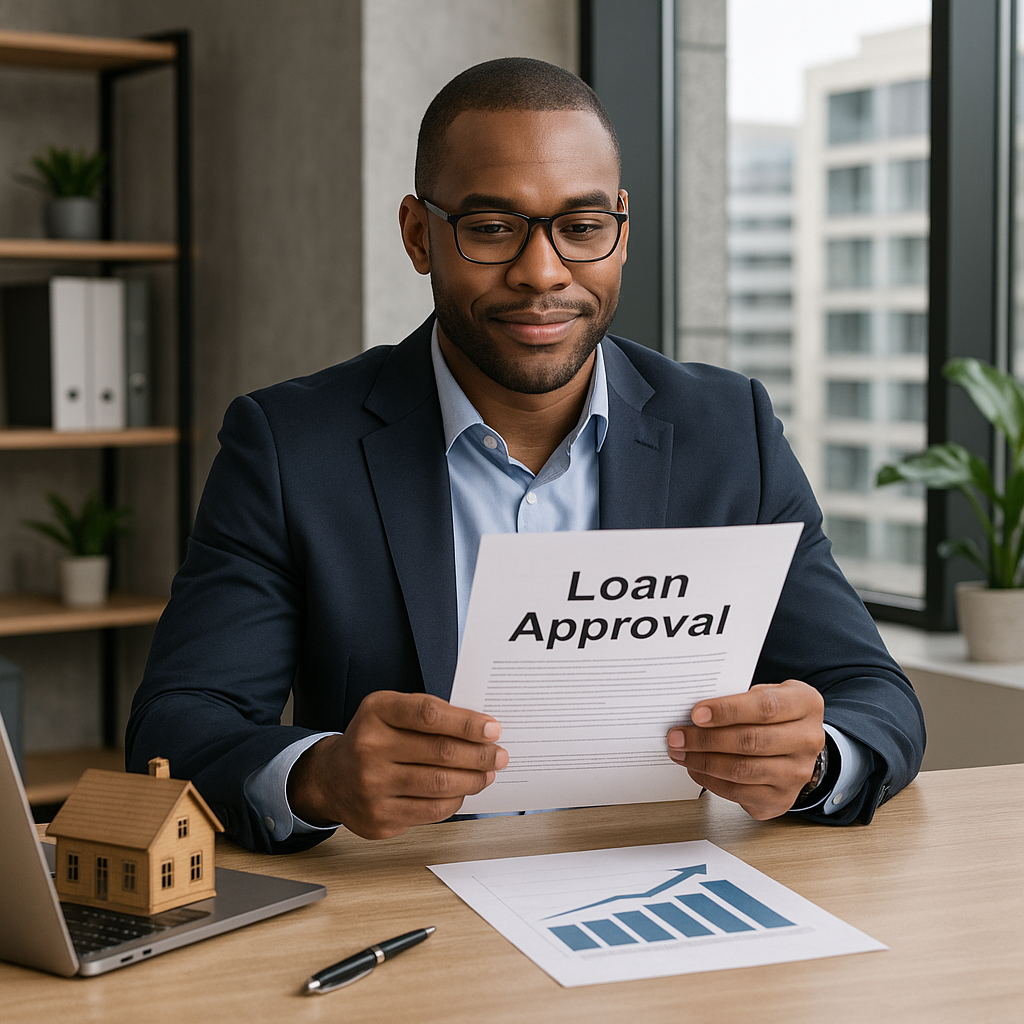 A confident real estate investor reviewing loan ap