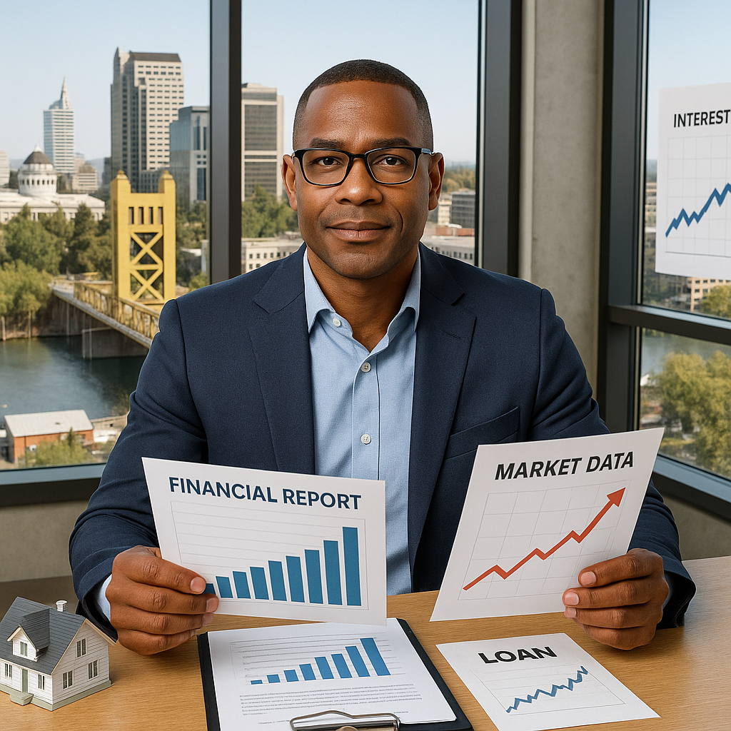 A confident real estate lender reviewing financial