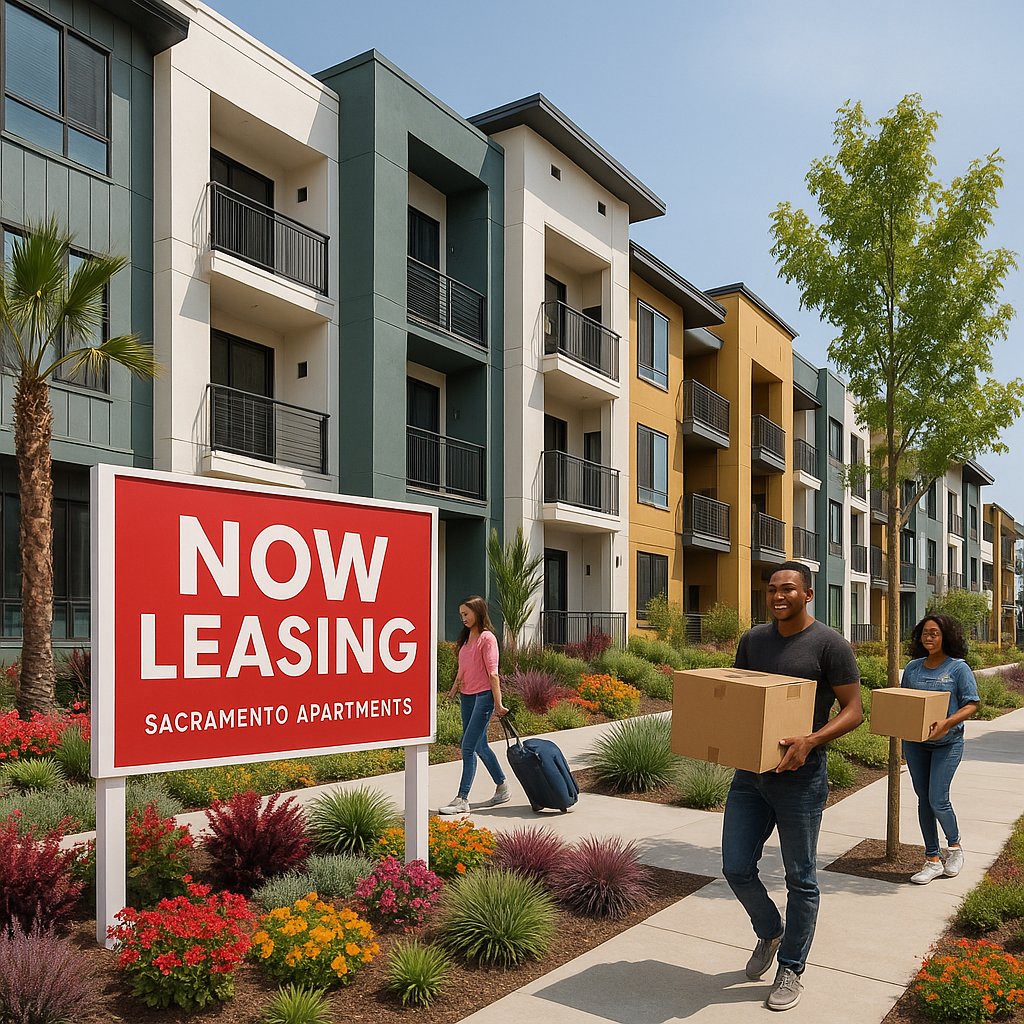 A modern Sacramento apartment complex with a Now