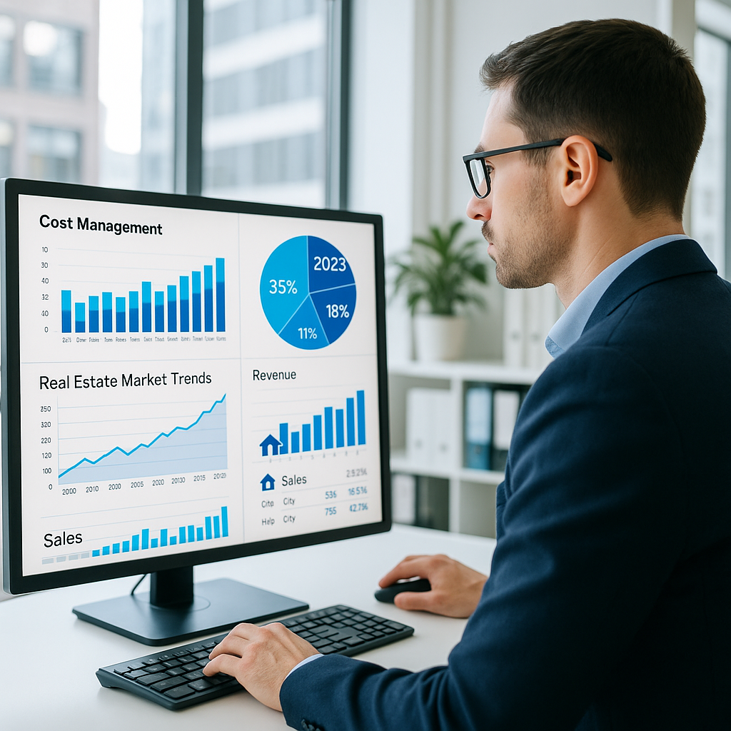 A modern property manager analyzing digital financ