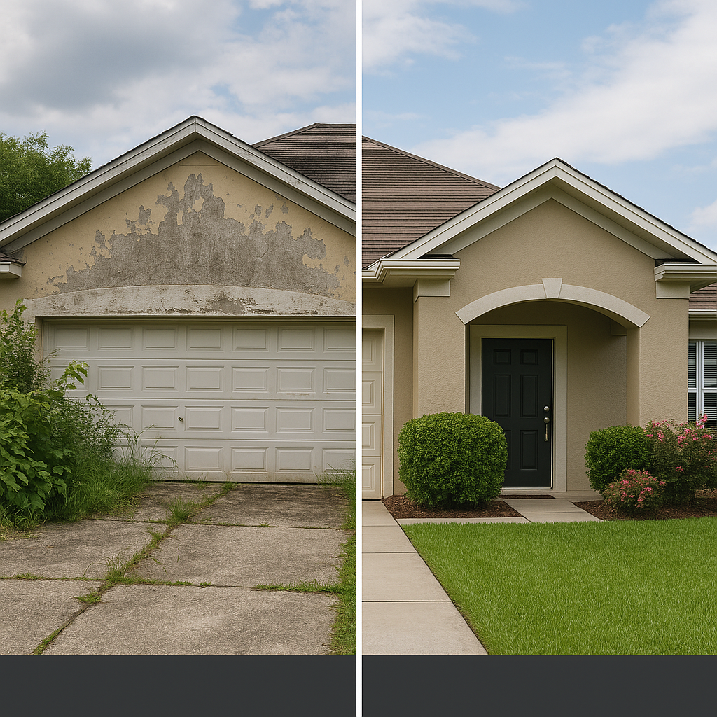 A neglected rental property exterior showing defer