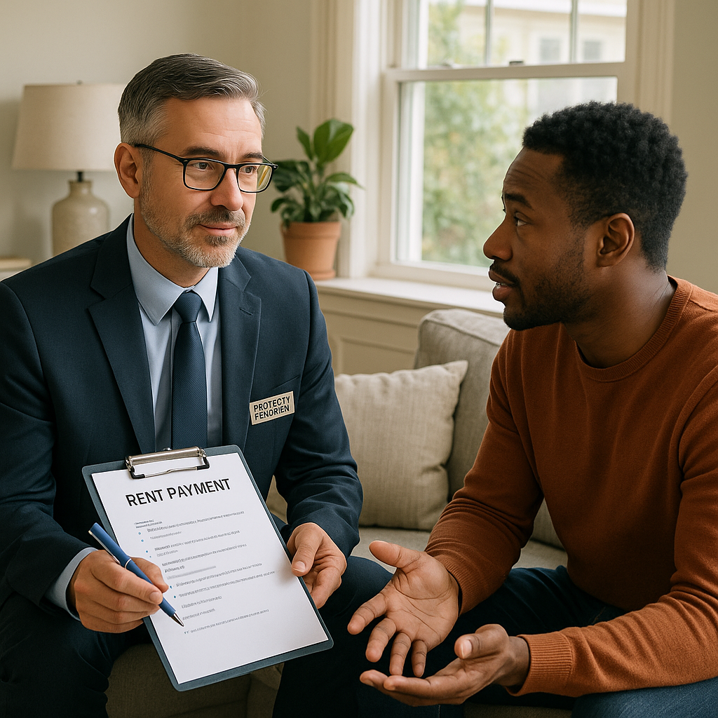 A professional property manager calmly discussing