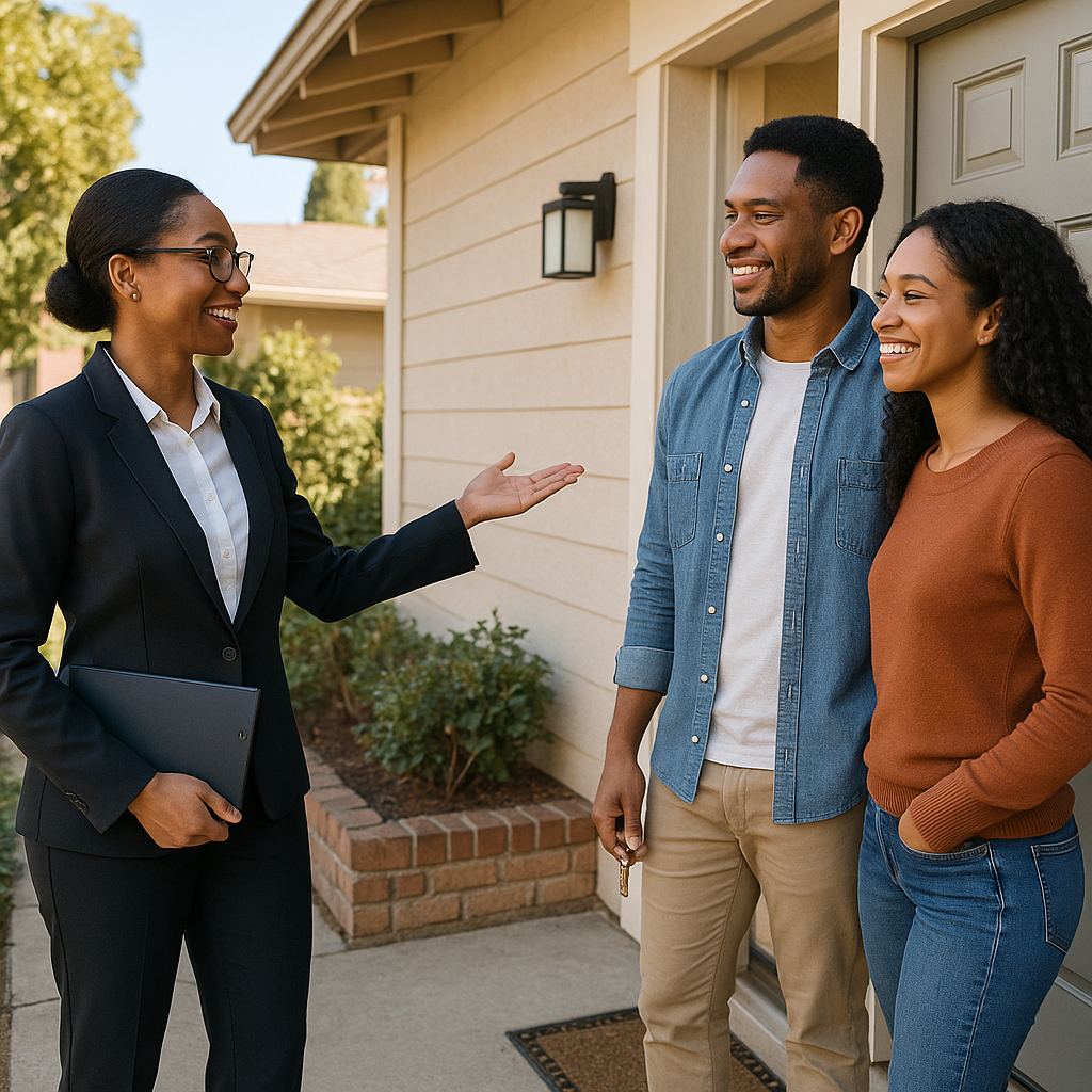 A professional property manager warmly greeting ne