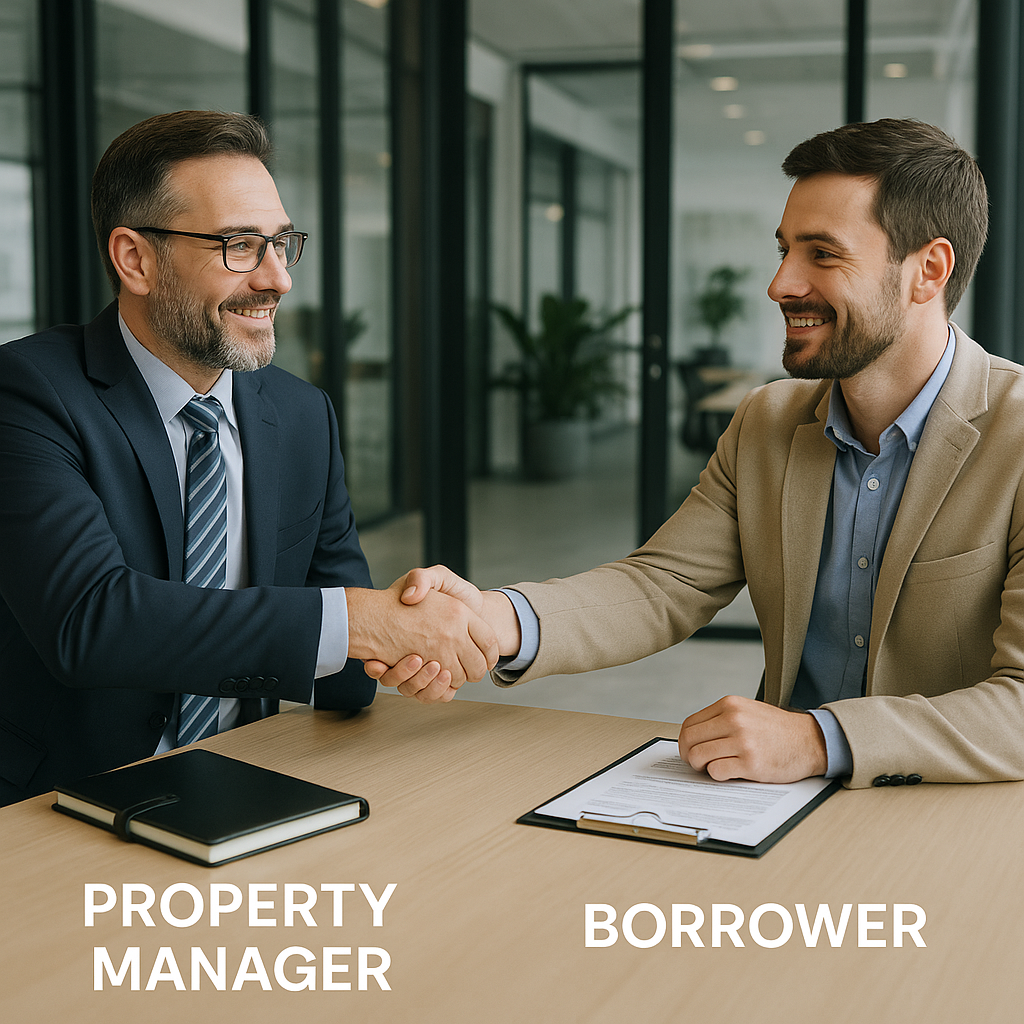 A property manager and borrower shaking hands acro