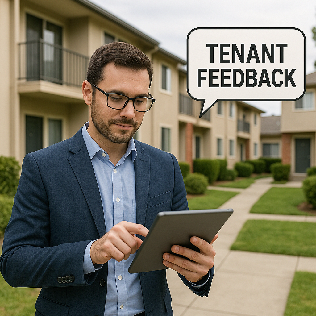 A property manager attentively reviews tenant feed