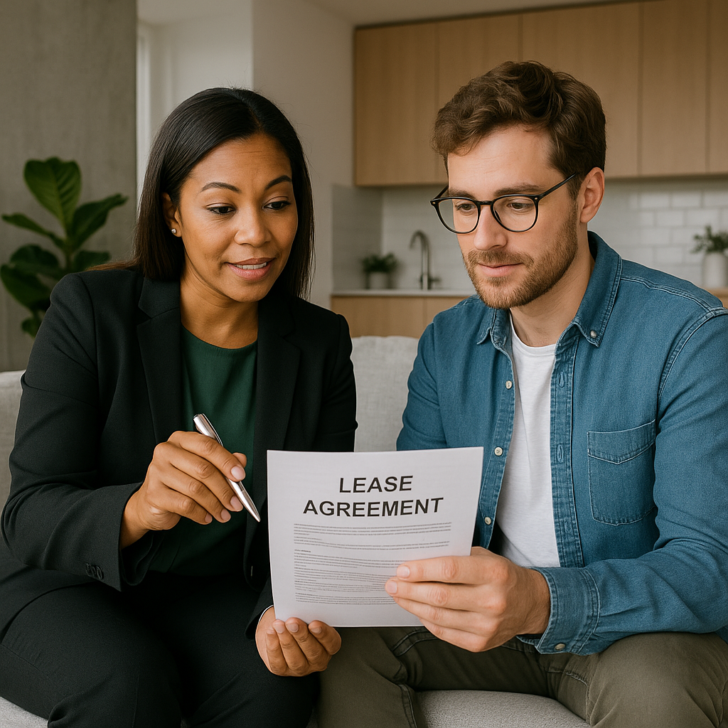 A property manager reviewing a lease agreement wit