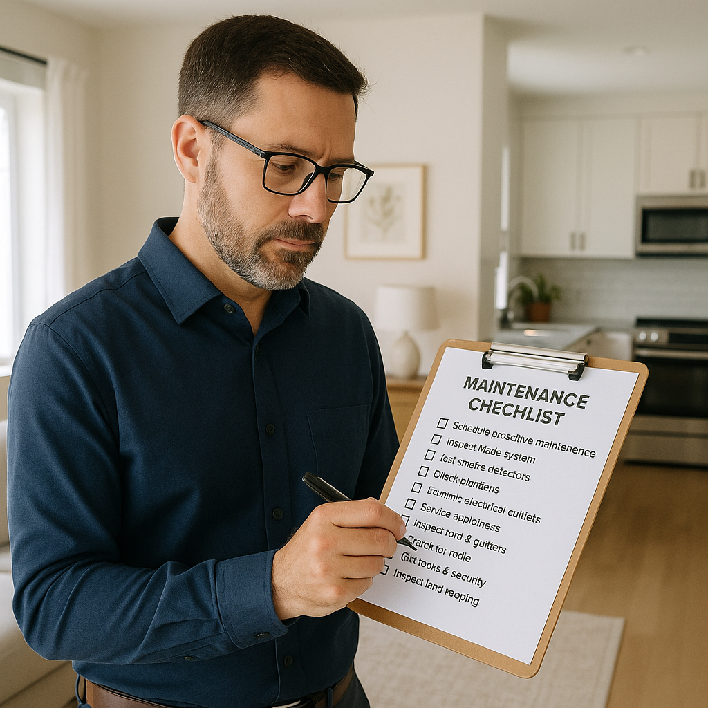 A property manager reviews a detailed maintenance