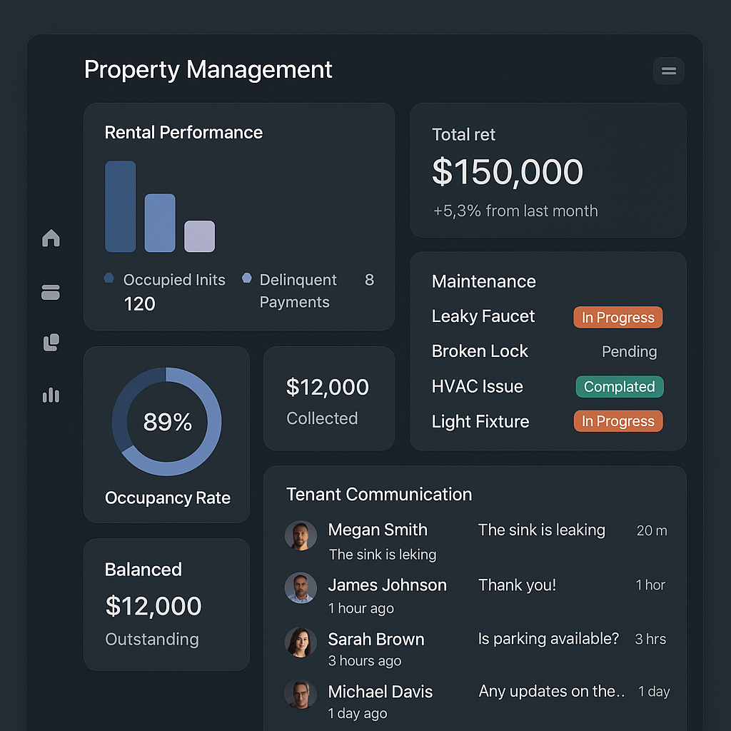 Modern property management dashboard displaying re