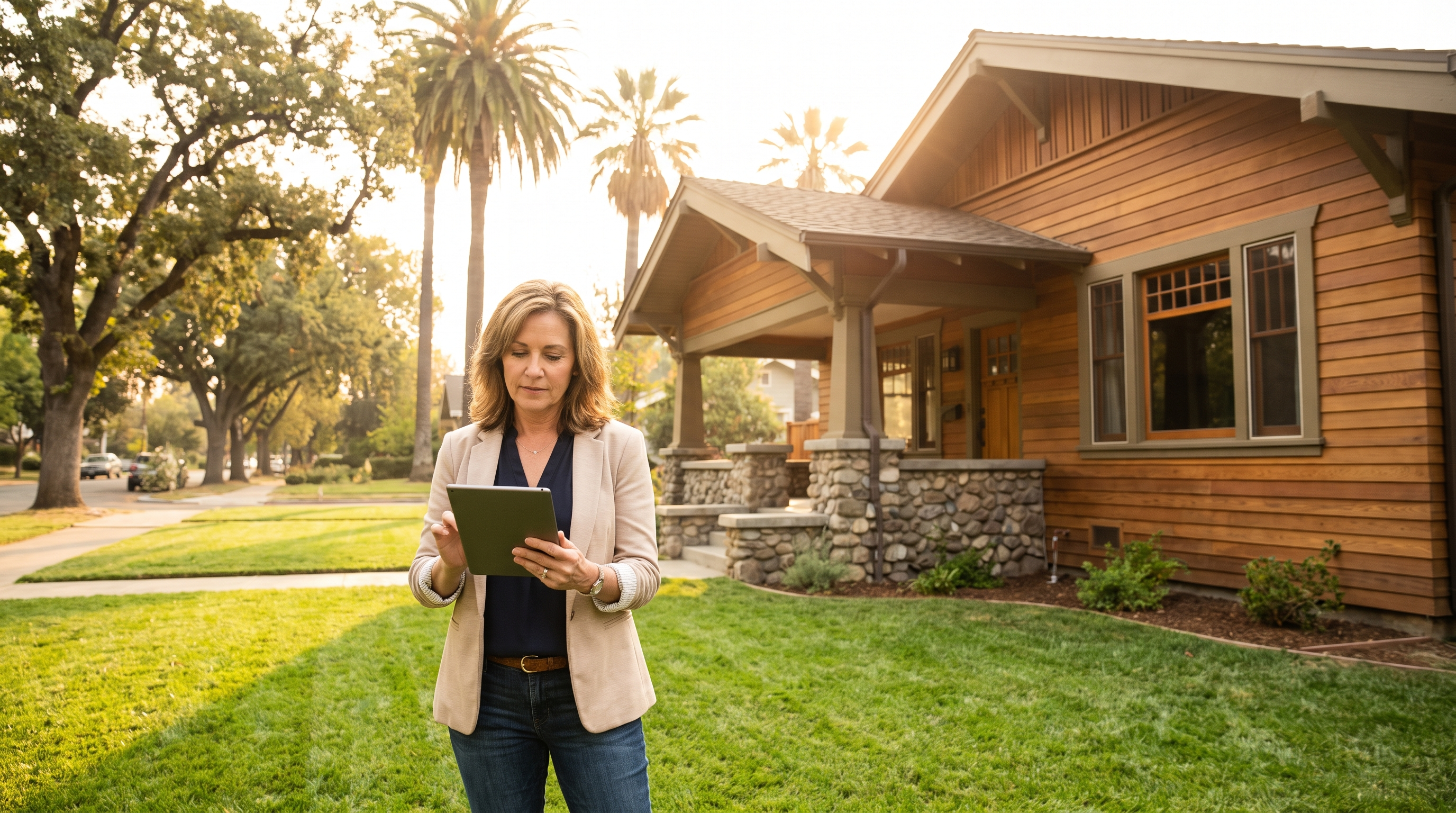 Property manager reviewing a home inspection on a tablet in front of a house