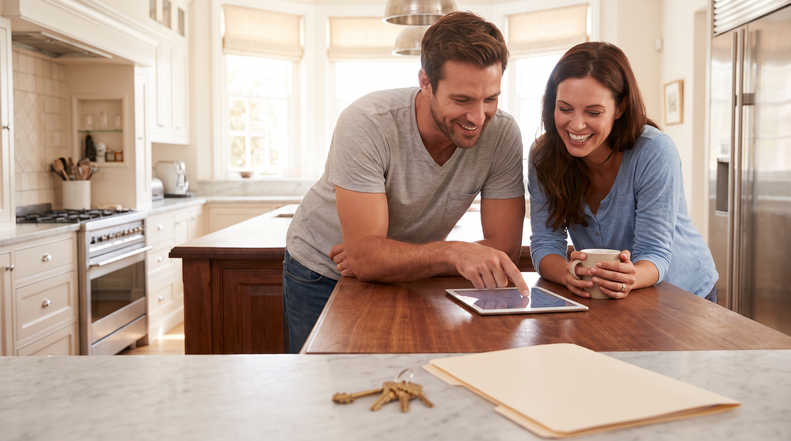 Owners reviewing their lease renewal on an iPad at a kitchen counter