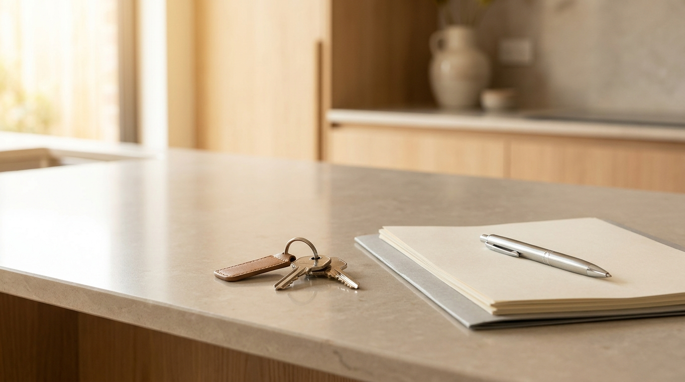 House keys and paperwork on a counter