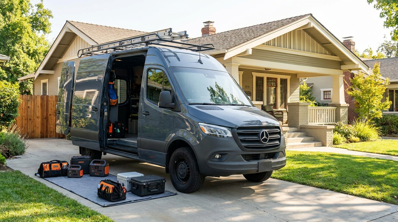 Contractor van at a home under renovation